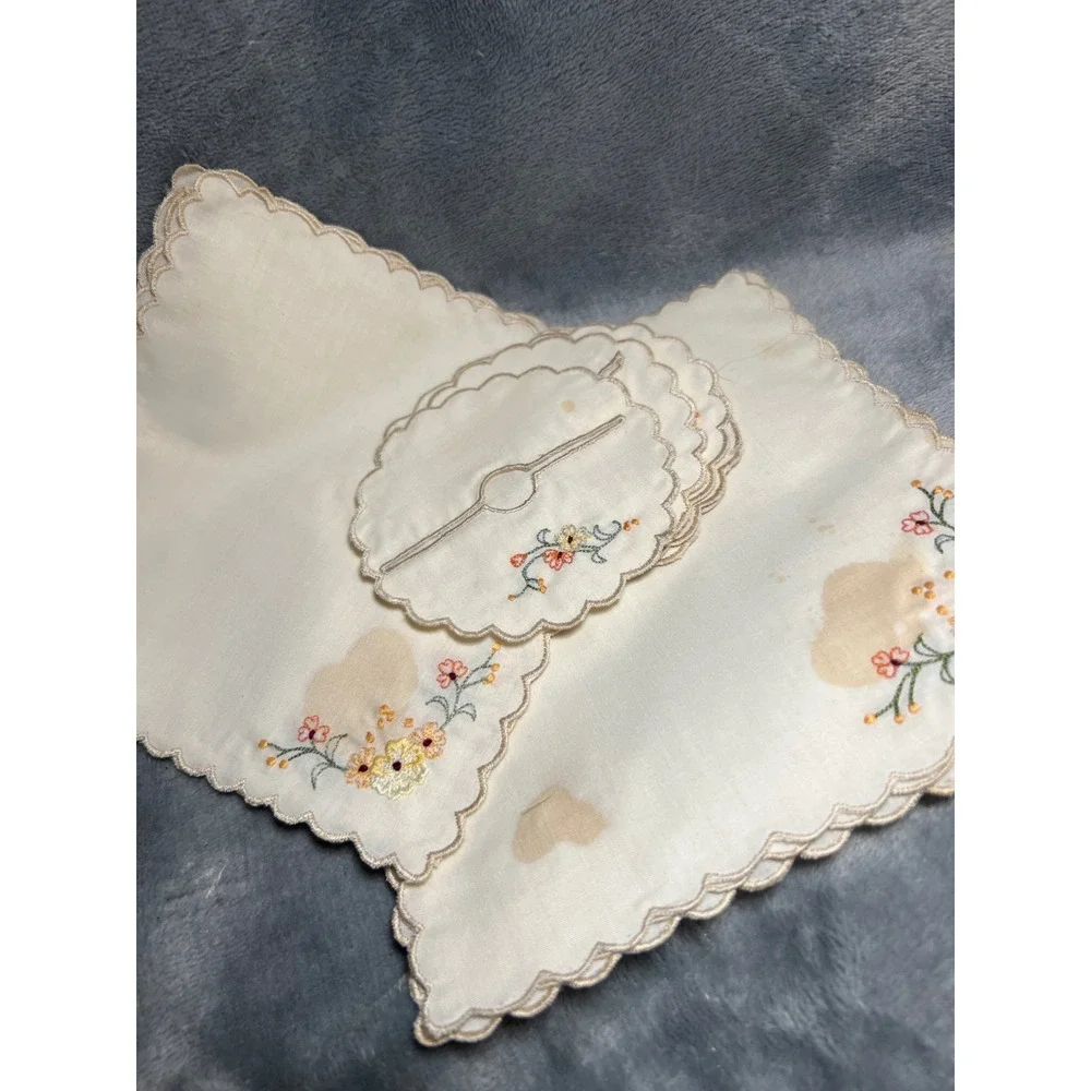 Vintage Peacock Embroidered Napkins Wine Glass Covers Set 12 Floral 7x7